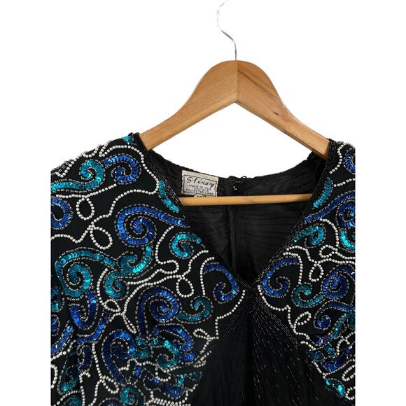 Stenay Silk Blue Sequin 80’s Black and Blue‎ Cocktail Dress Size 14 - Picture 9 of 12